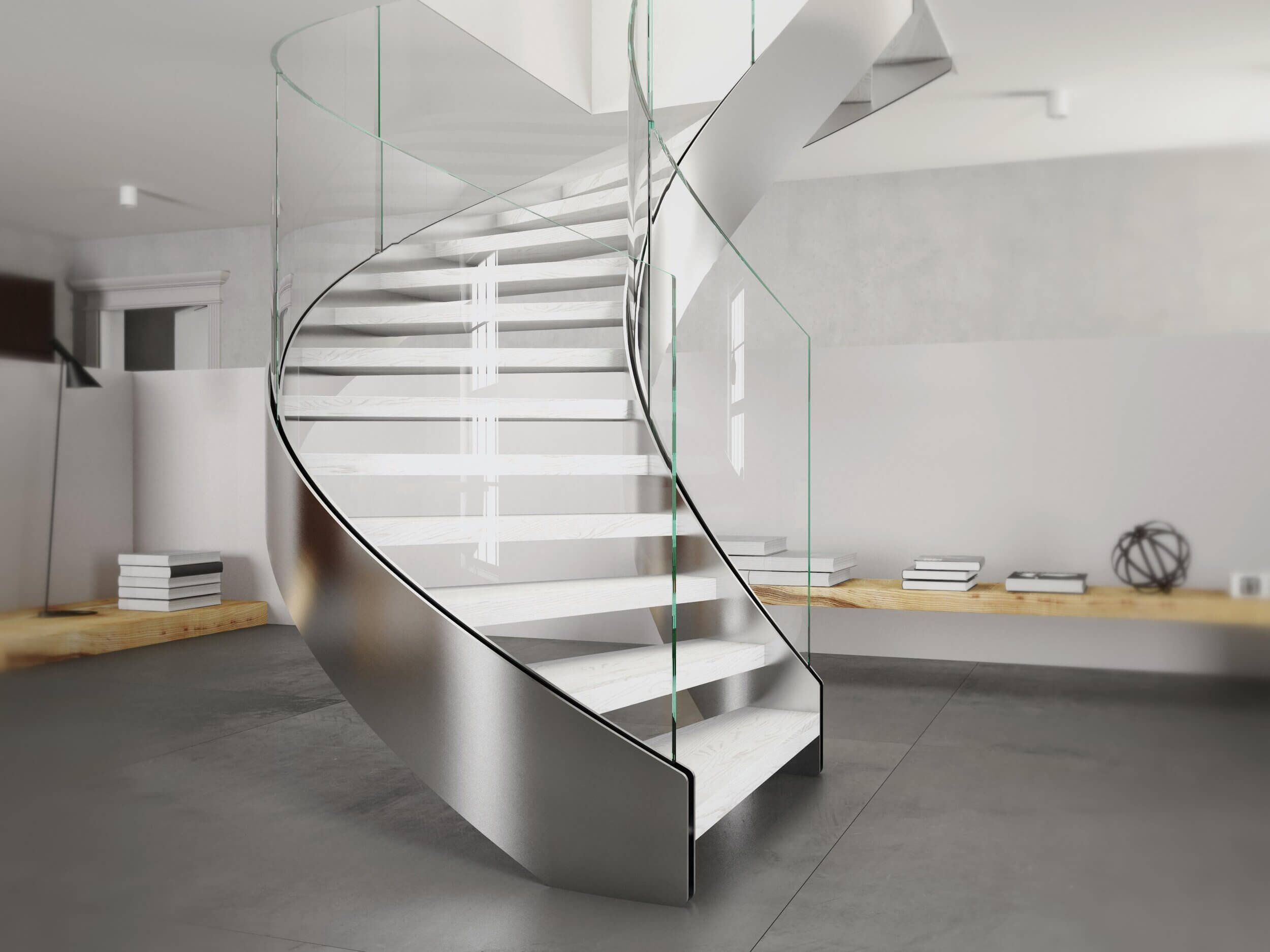 gri çerçeveli beyaz merdivene uygulanmış paslanmaz çelik merdiven
